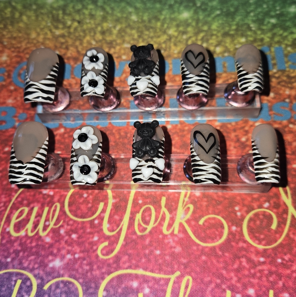 Black and White Zebra Nail Set with Bear and Heart Accents